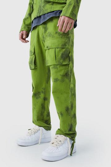 Khaki Twill Tie Dye Fixed Waist Straight Leg Cargo Pants