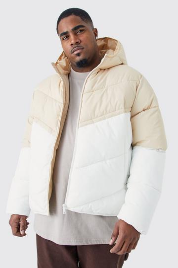 Plus Man Color Block Quilted Puffer With Hood stone