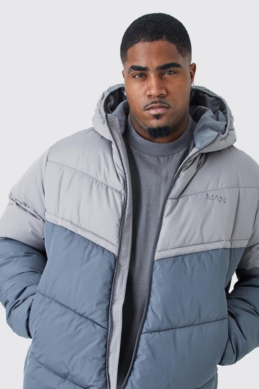 Grey Plus Man Colour Block Quilted Puffer With Hood image number 1