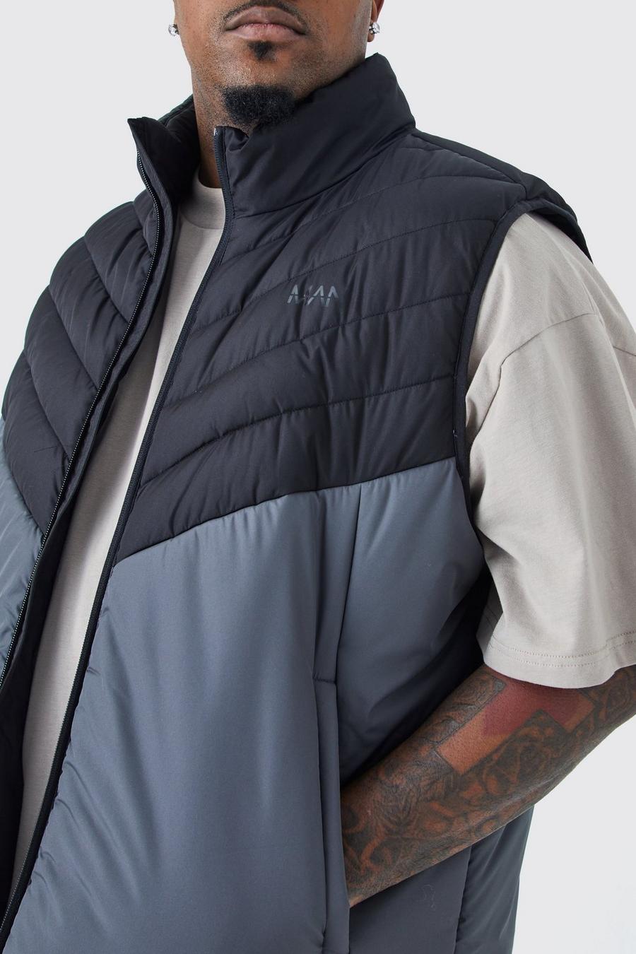 Charcoal grey Plus Man Colour Block Quilted Funnel Neck Gilet