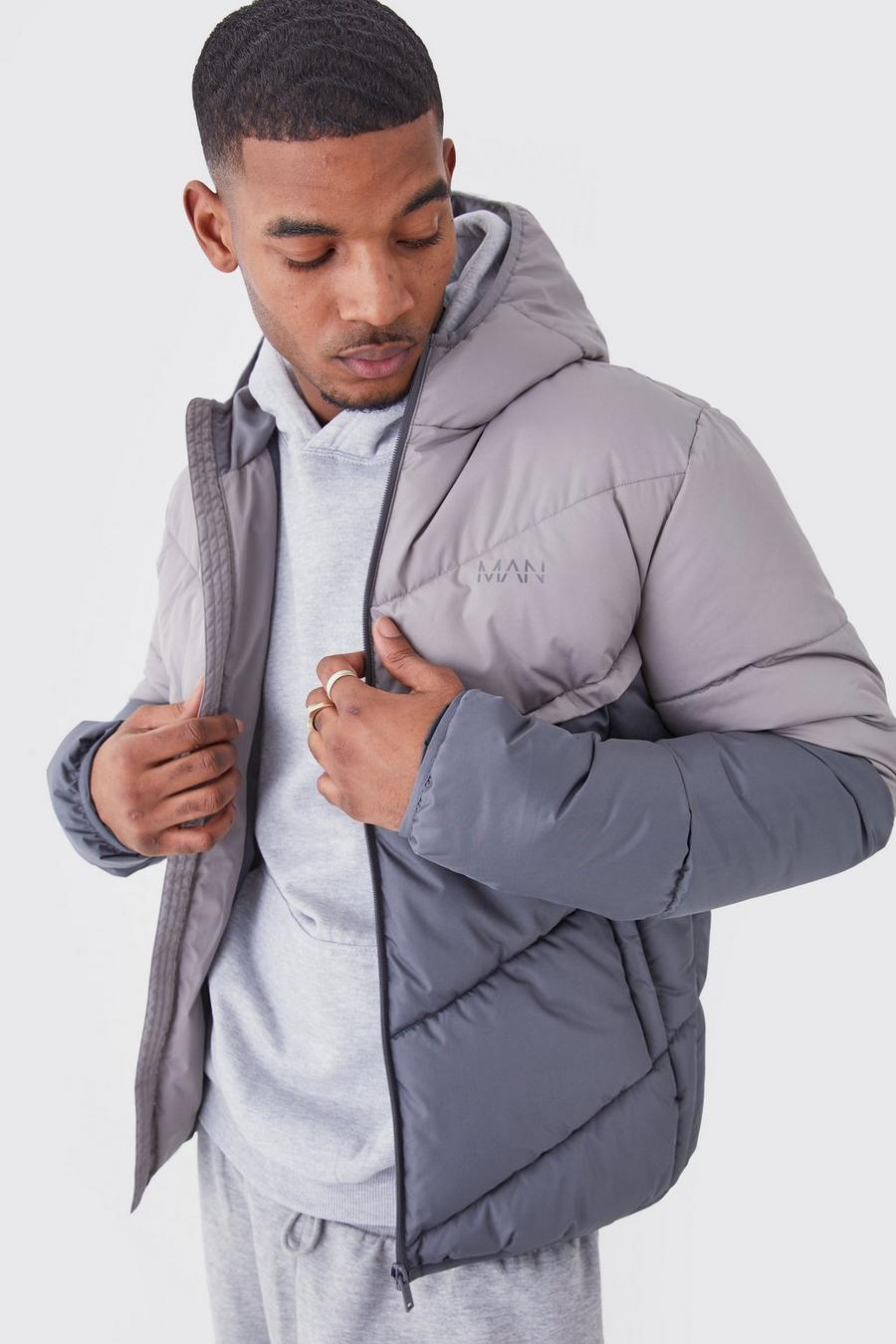 Grey Tall Man Color Block Quilted Puffer With Hood