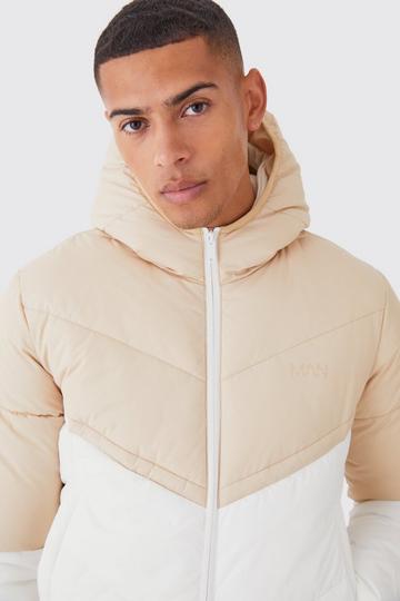 Man Color Block Quilted Puffer With Hood stone