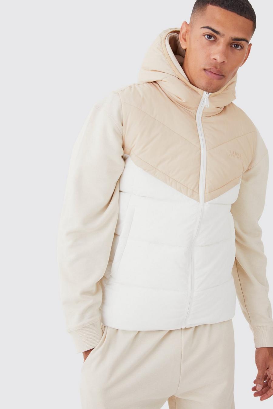 Stone beige Man Colour Block Quilted Hooded Gilet