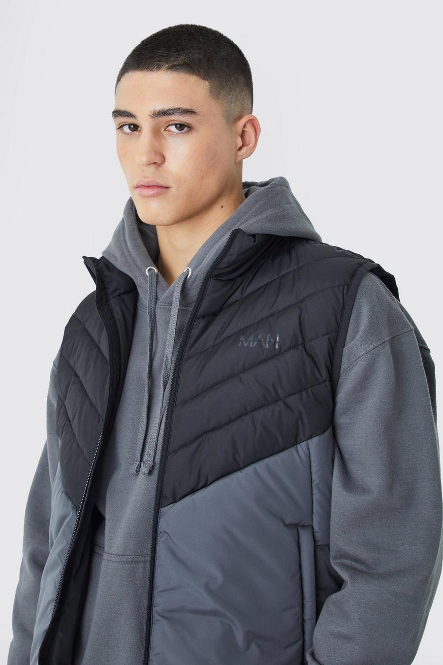 Charcoal Man Colour Block Quilted Funnel Neck Gilet image number 1