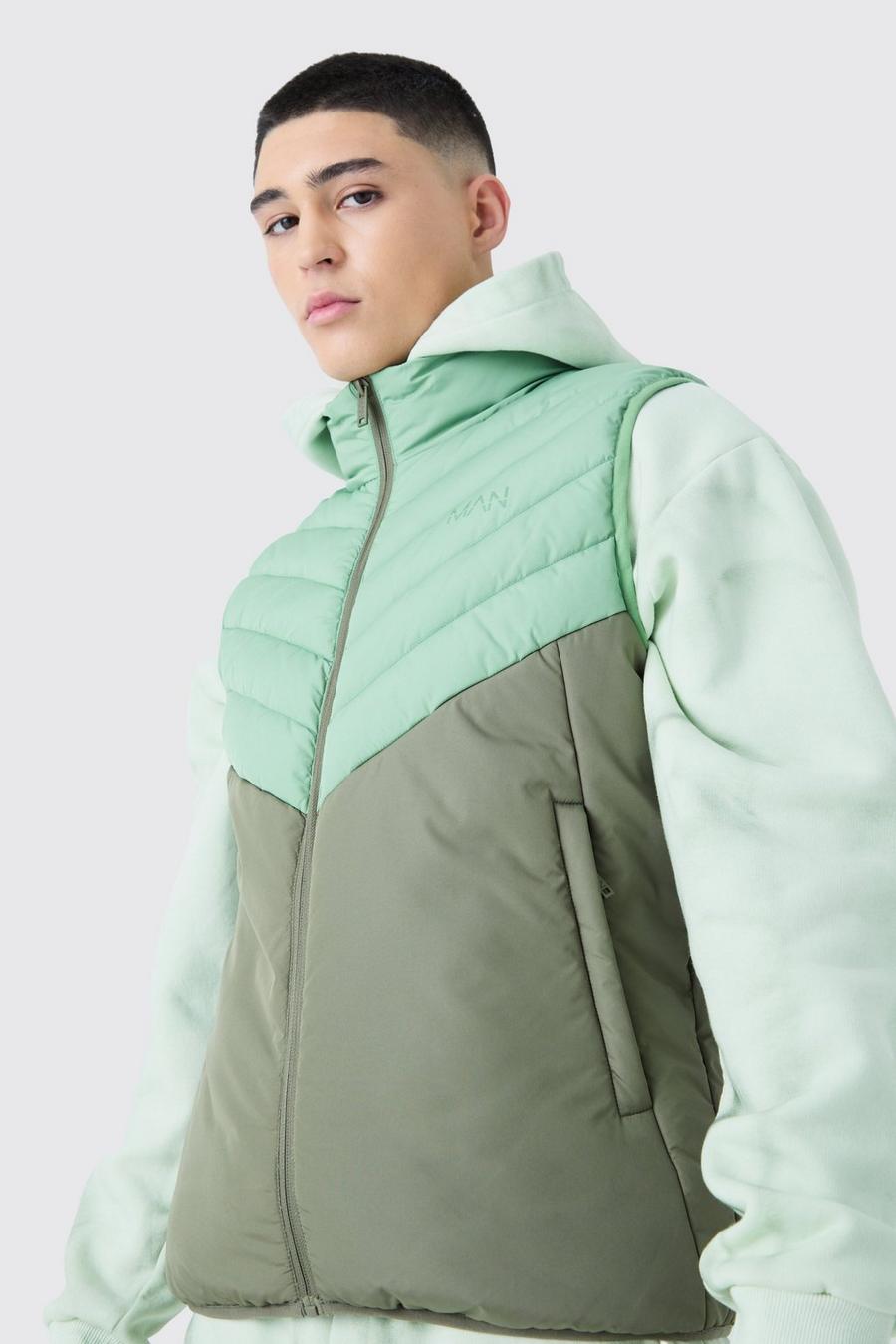Khaki Man Colour Block Quilted Funnel Neck Gilet image number 1