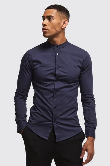 Navy Long Sleeve Grandad Collar Muscle Shirt