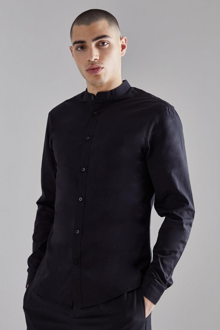 Black Long Sleeve Grandad Collar Shirt image number 1