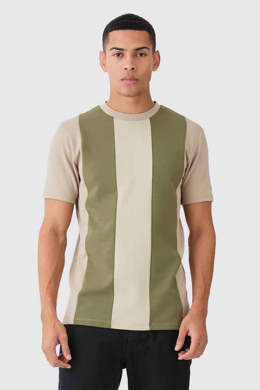 Camiseta elegante ajustada con colores en bloque, Khaki image number 1
