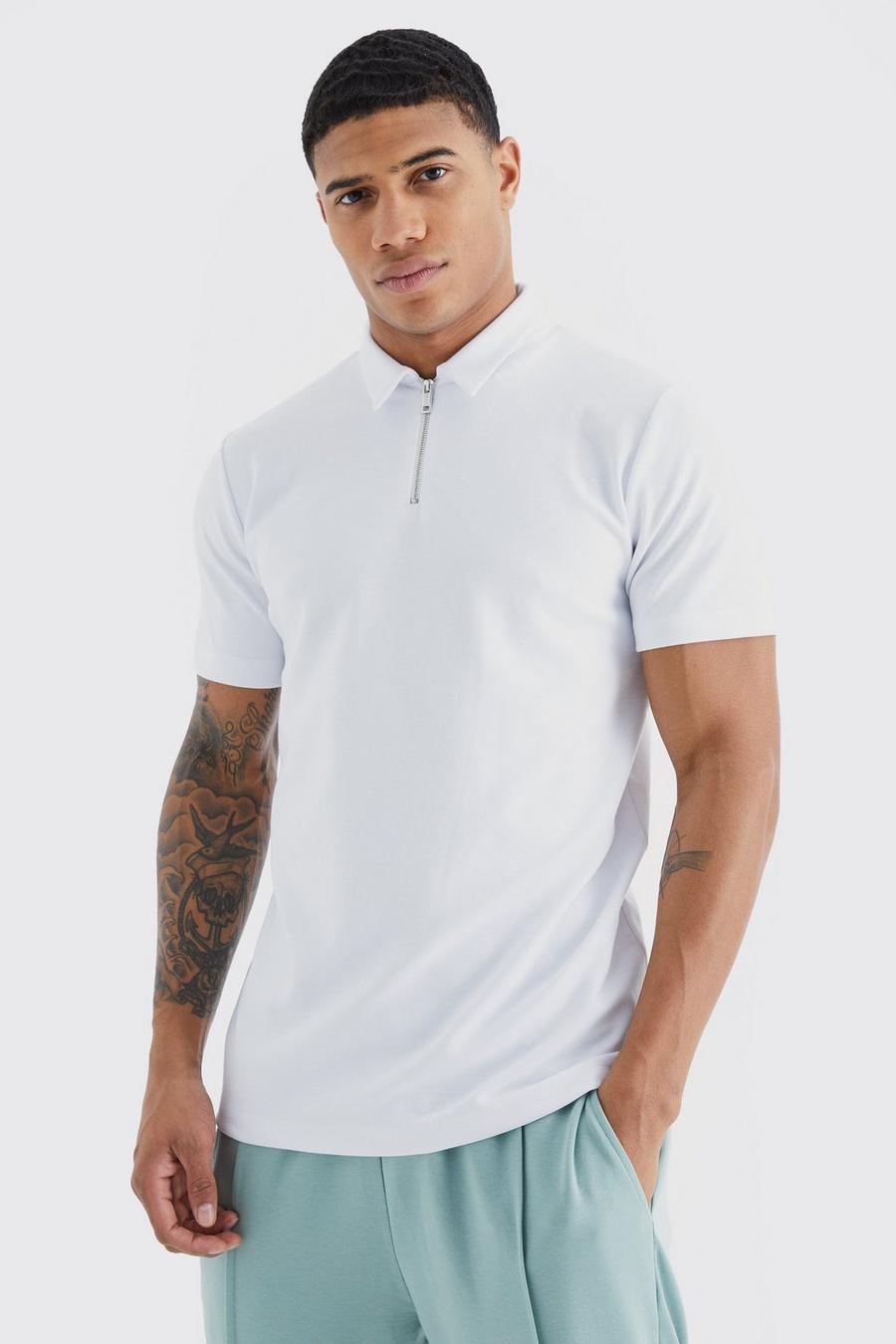 Kurzärmliges Slim-Fit Poloshirt mit 1/4 Reißverschluss, White image number 1