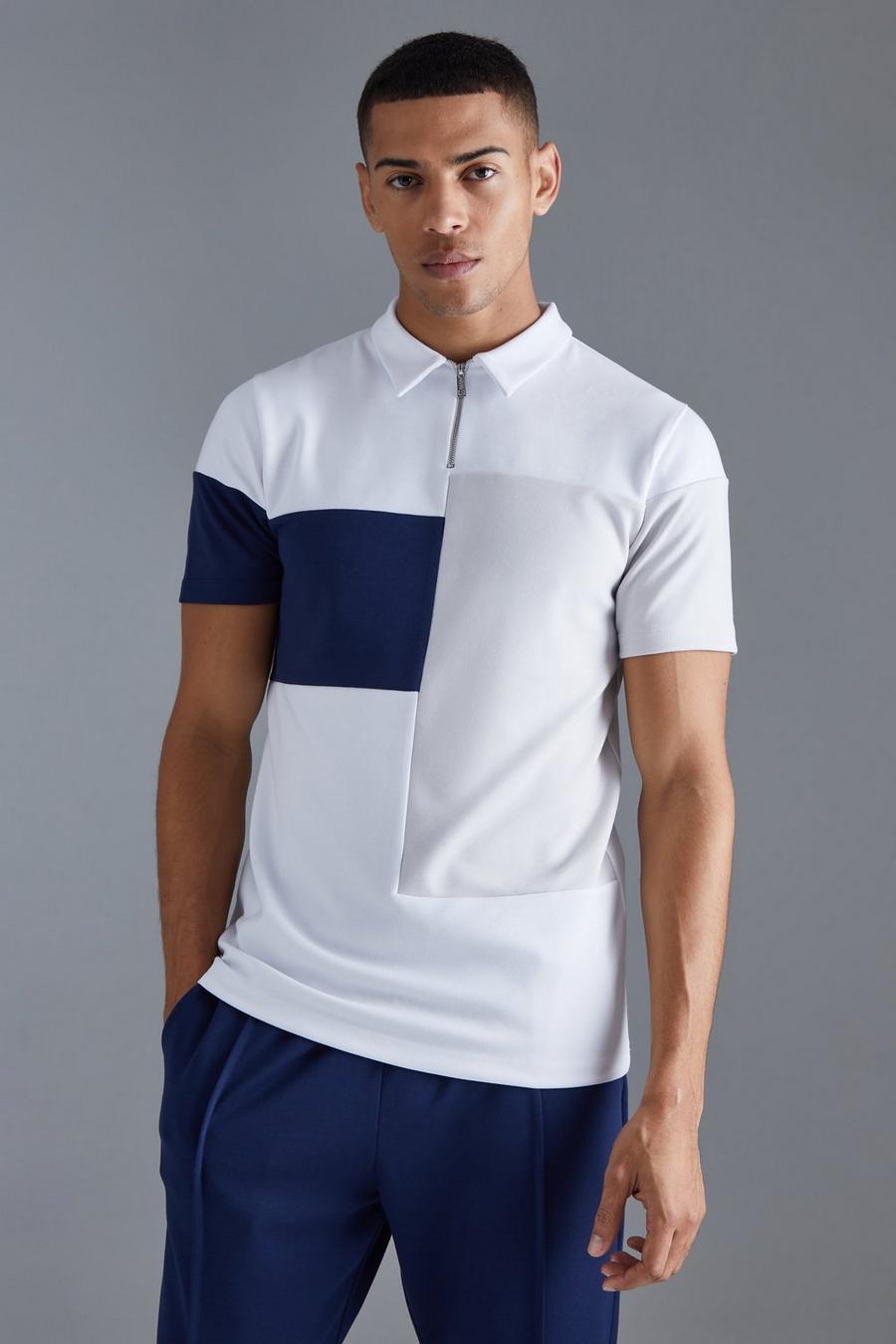 Navy Slim Colour Block 1/4 Zip Short Sleeve Polo image number 1