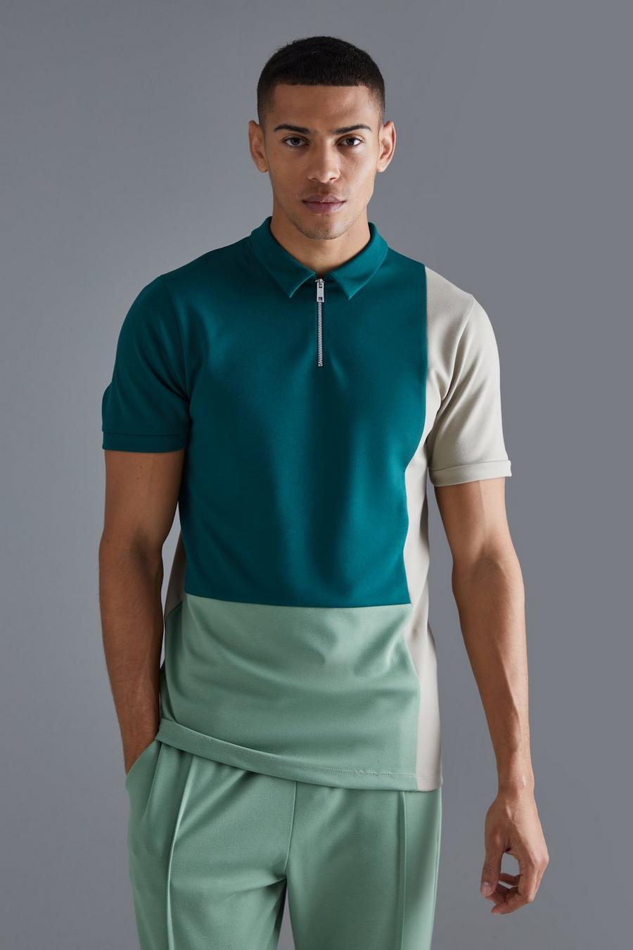 Green Slim Colour Block 1/4 Zip Short Sleeve Polo image number 1