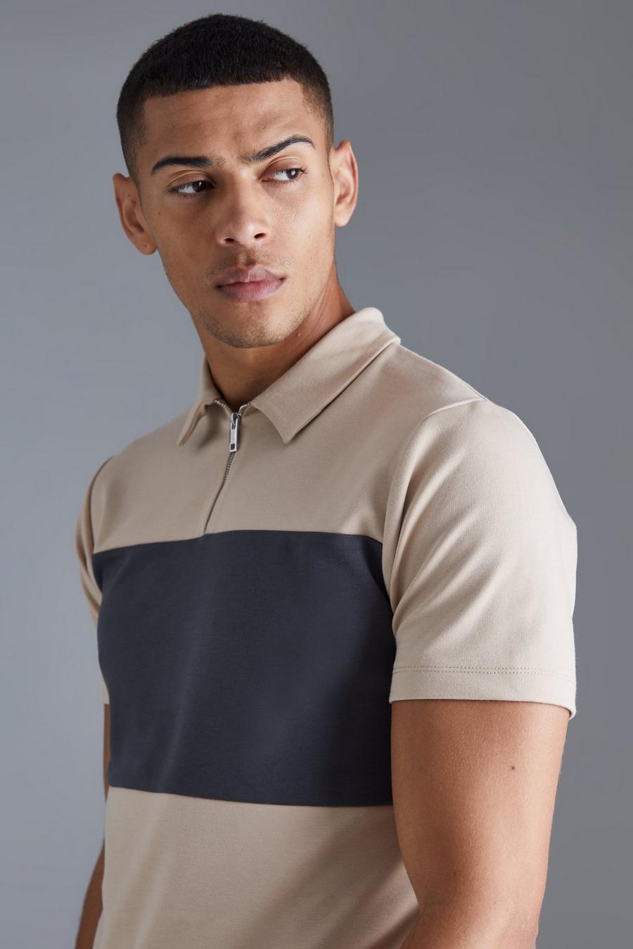 Kurzärmliges Slim-Fit Colorblock Poloshirt mit 1/4 Reißverschluss, Brown image number 1