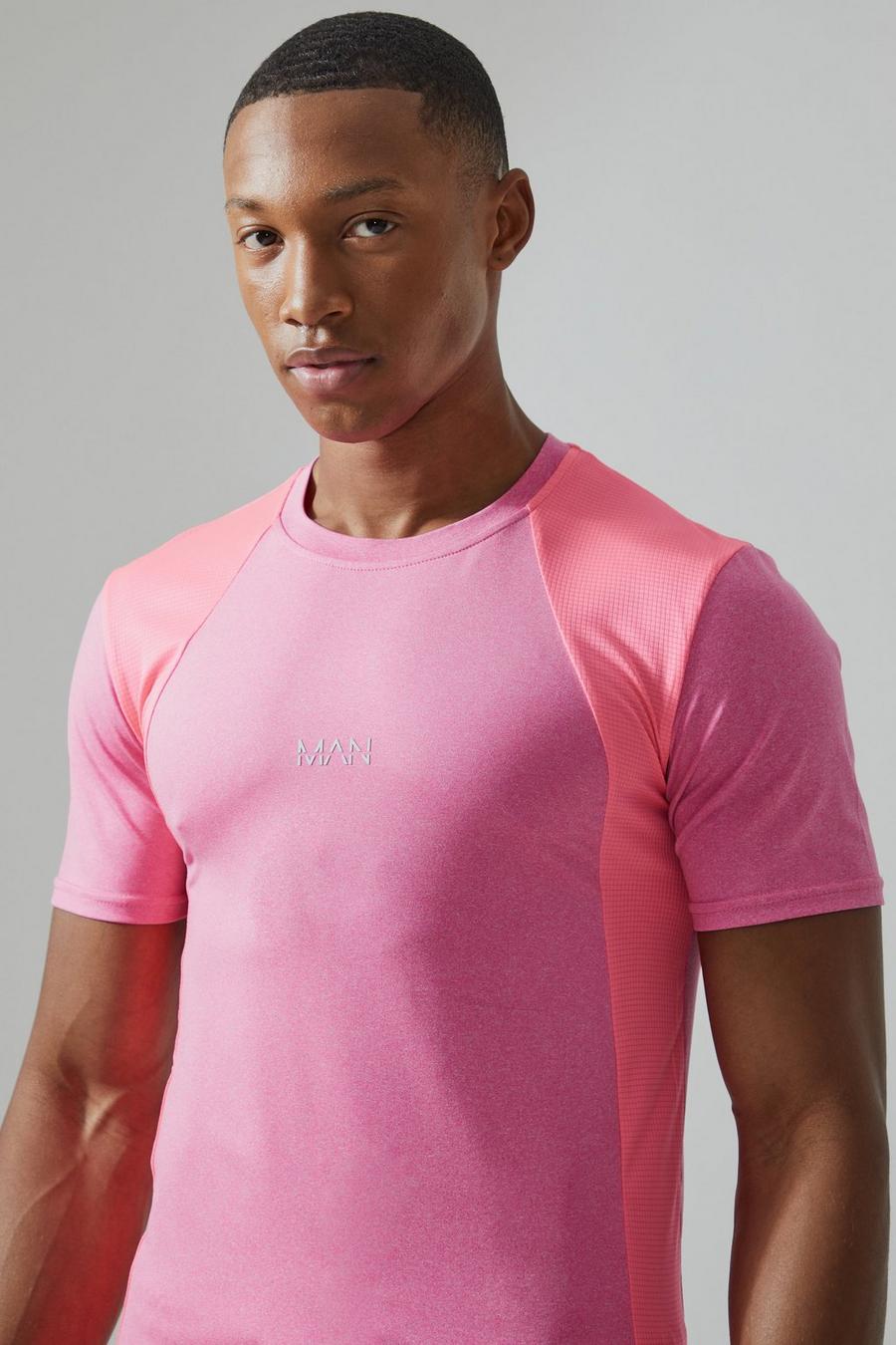 Bright pink MAN Active T-shirt i mesh med blockfärger och muscle fit image number 1