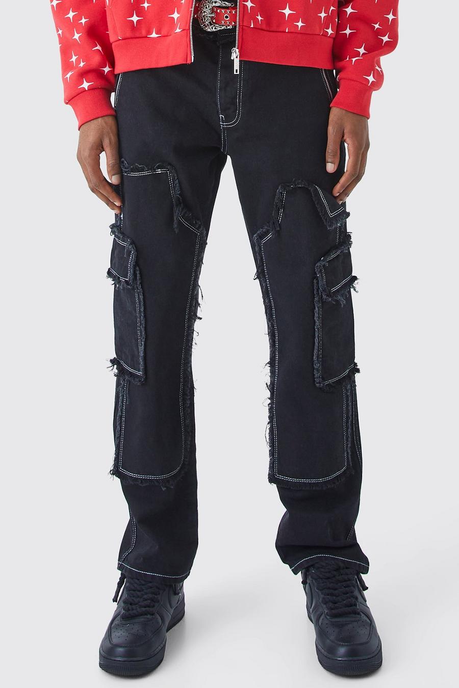 True black Onbewerkte Versleten Baggy Cargo Jeans Met Naaddetail
