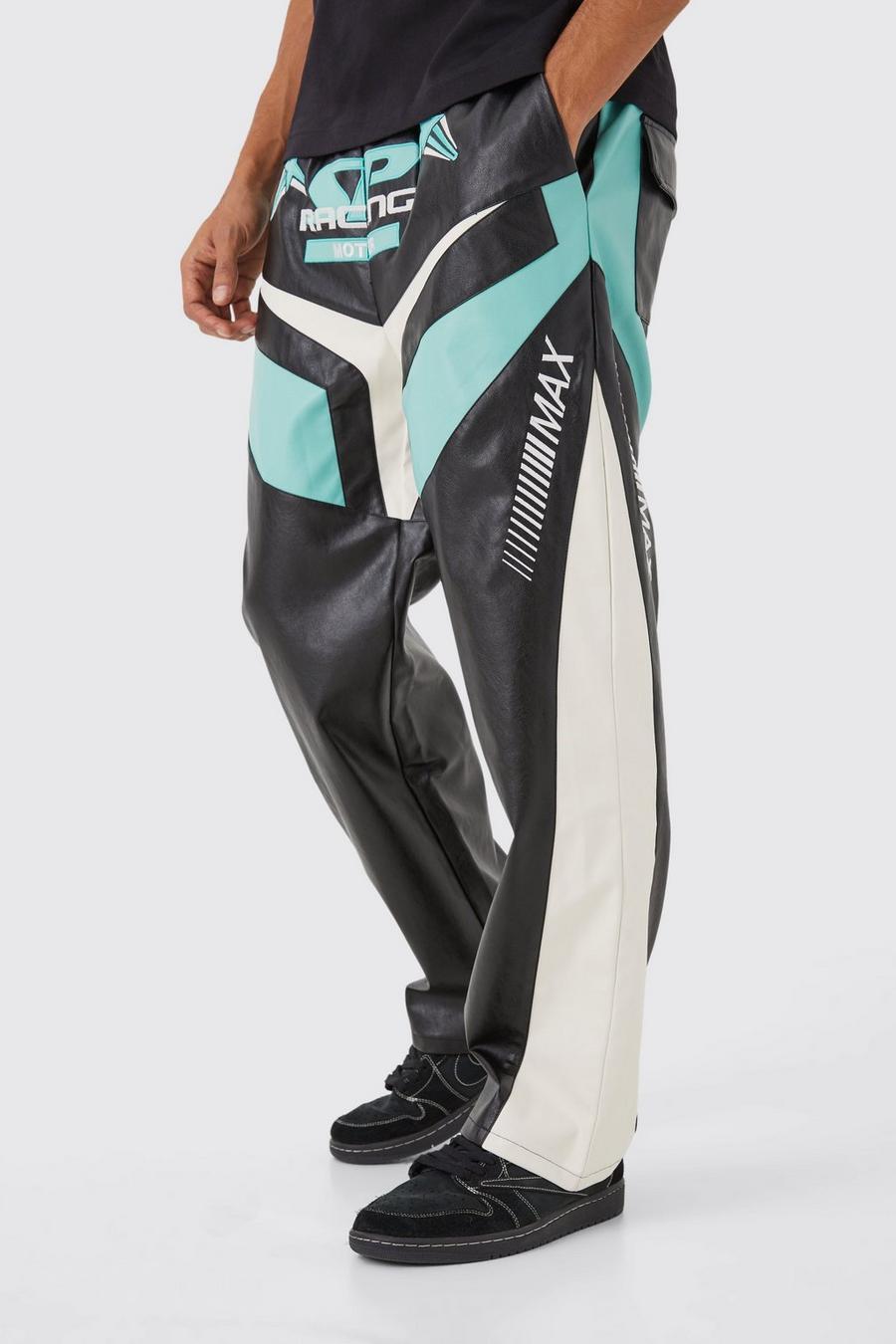 Pantalón holgado de cuero sintético con estampado de motociclismo, Black