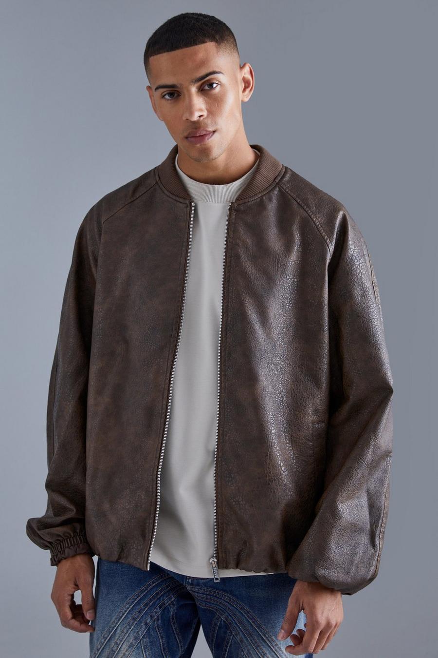 Bomber oversize vintage in PU effetto screpolato con maniche raglan, Brown