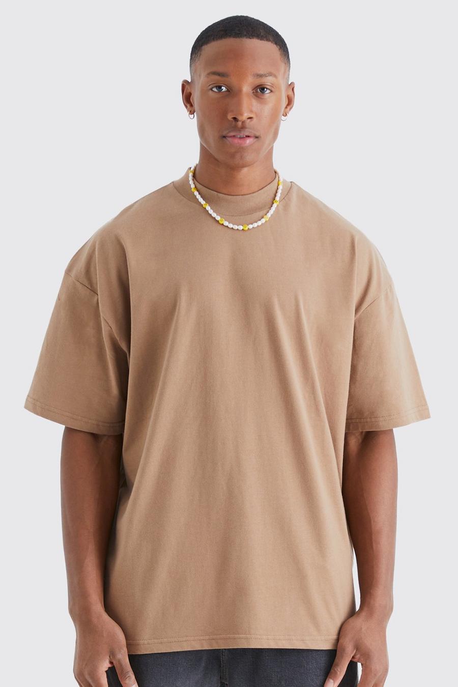 Mocha Oversize t-shirt i tjockt tyg med hög halsmudd image number 1