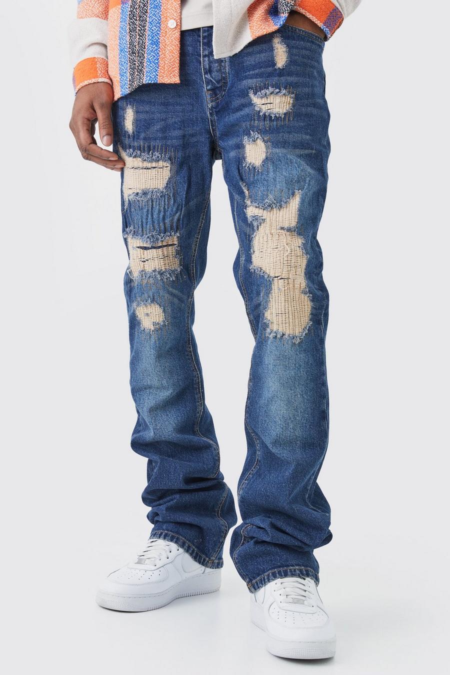 Jeans Tall Slim Fit in denim rigido con strappi riparati, Dark blue