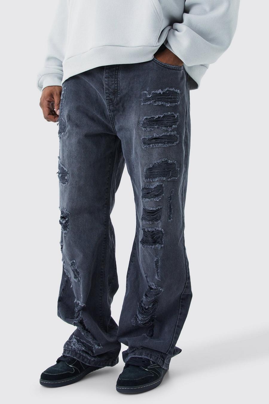 Jeans rilassati Plus Size in denim rigido con strappi estremi, Washed black image number 1