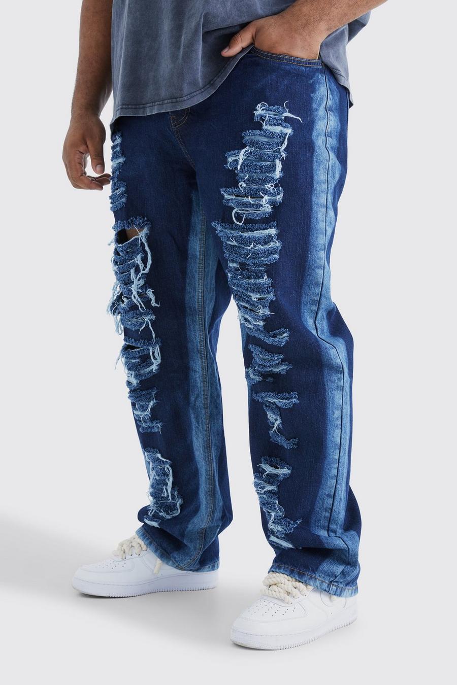Jeans rilassati Plus Size in denim rigido con pannelli e strappi, Indigo