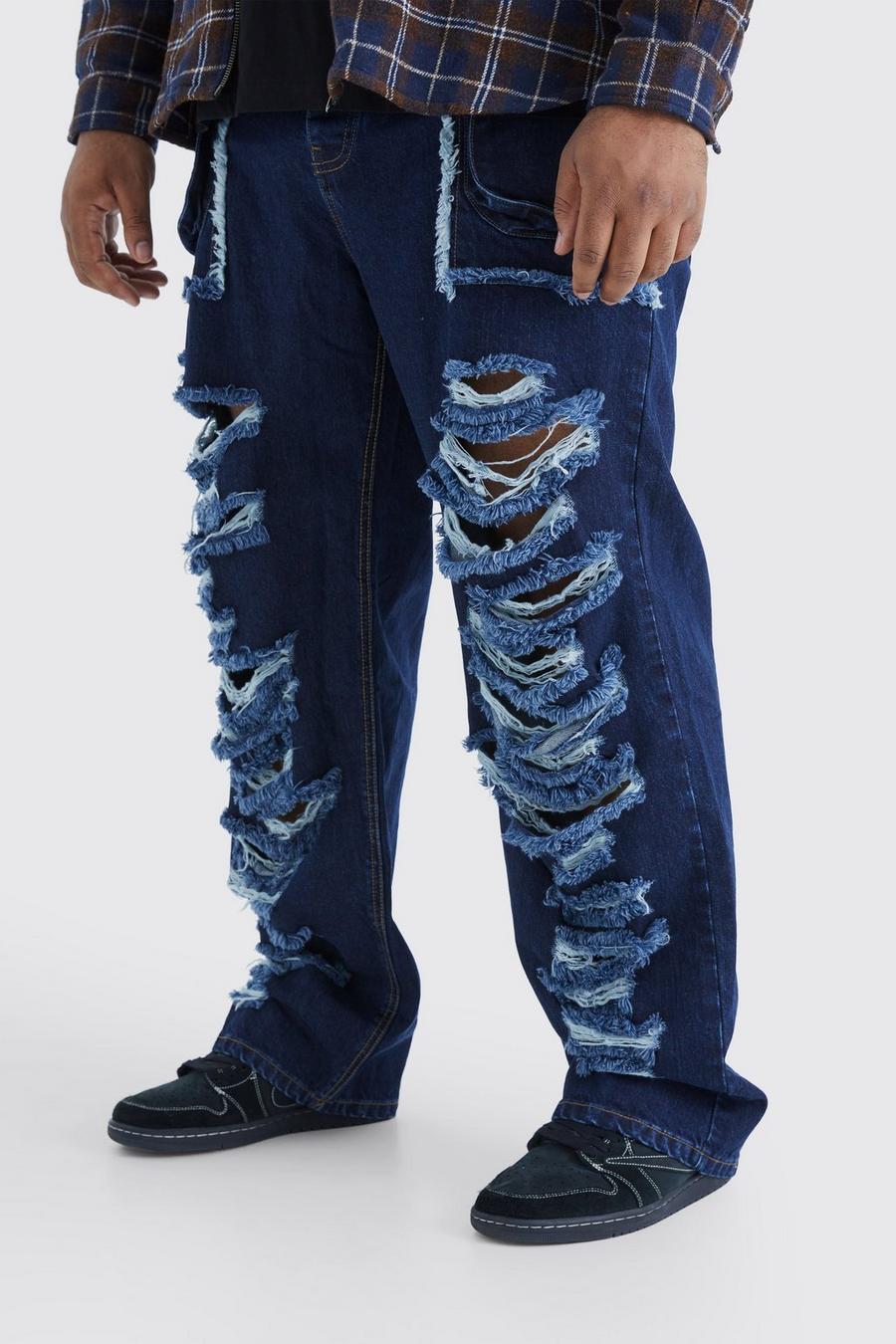Jeans Plus Size rilassati in denim rigido con strappi e tasche Cargo, Indigo