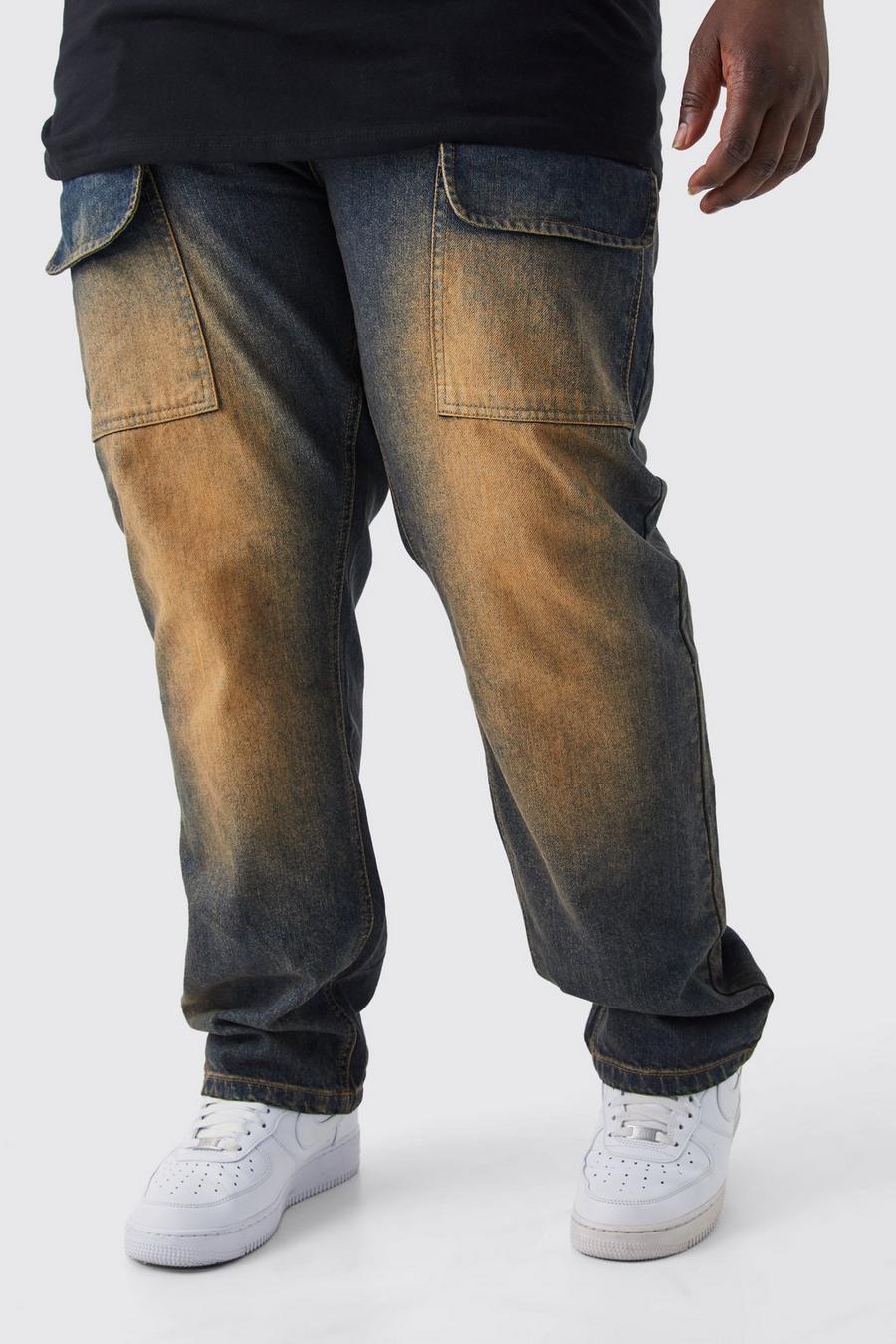 Jeans Cargo Plus Size dritti in denim rigido colorato con strappi, Antique wash image number 1
