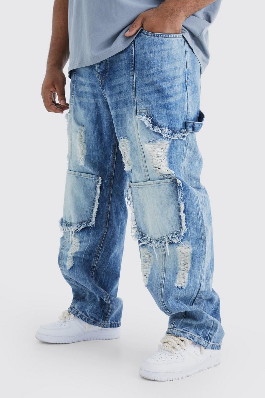 Jeans Cargo Plus Size rilassati in denim rigido con strappi, Antique blue image number 1