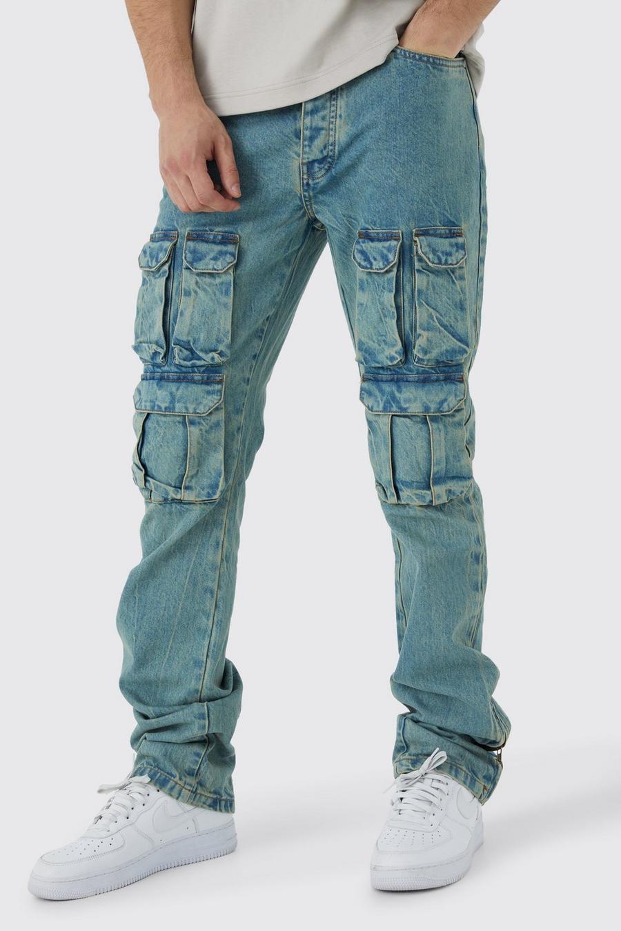 Jeans Cargo Tall Slim Fit in denim rigido slavato con zip e inserti, Antique blue