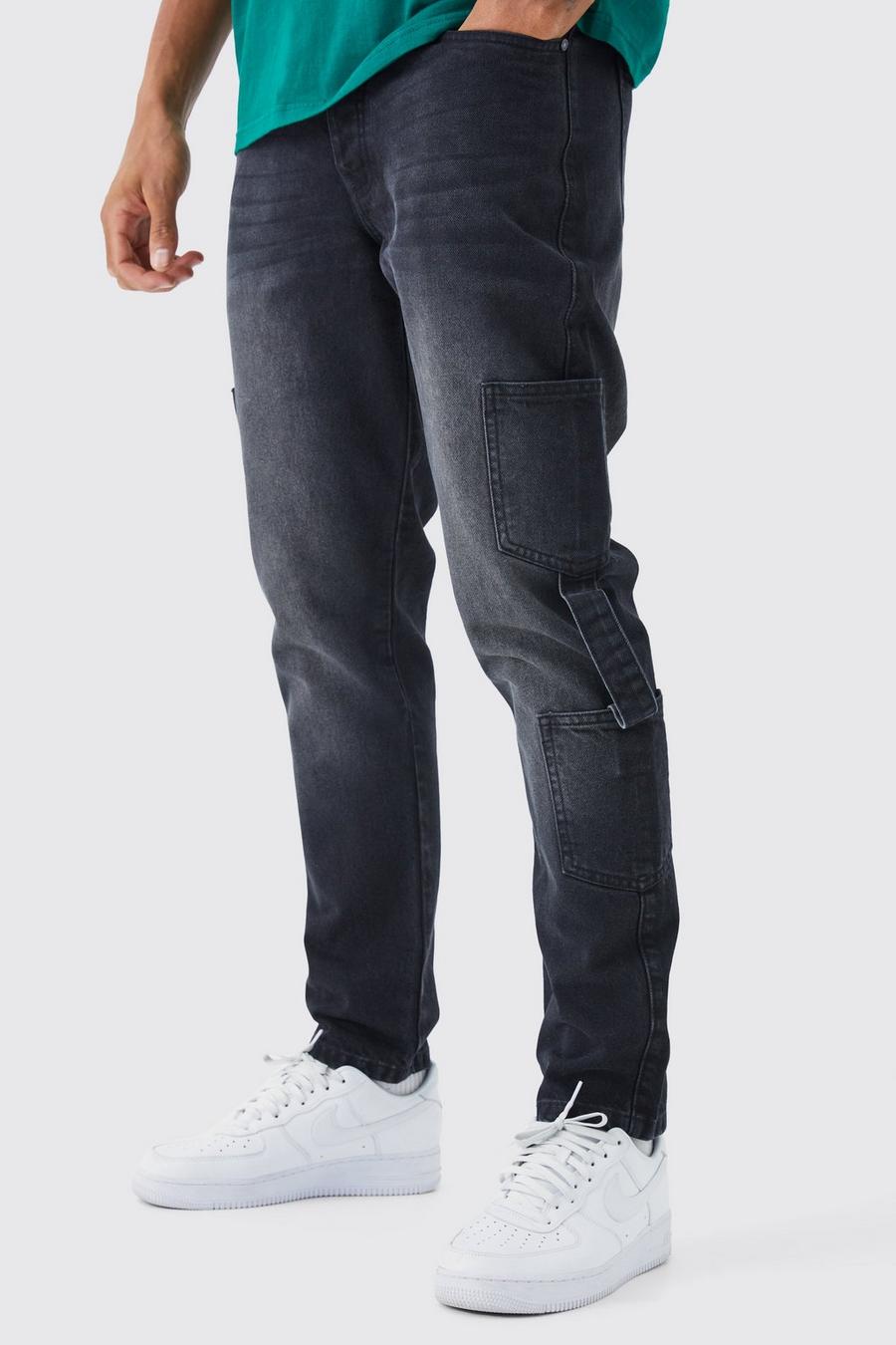 Tall schmale Cargo-Jeans, Washed black image number 1