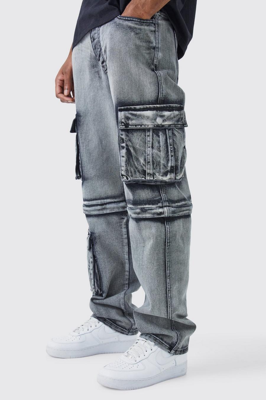 Tall lockere Cargo-Jeans mit Reißverschluss, Washed black