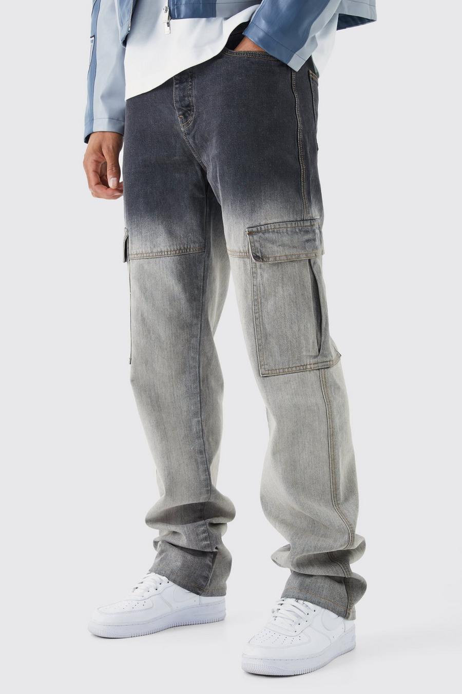 Jeans Cargo Tall rilassati in denim rigido sfumato con strappi e pieghe sul fondo, Coffee