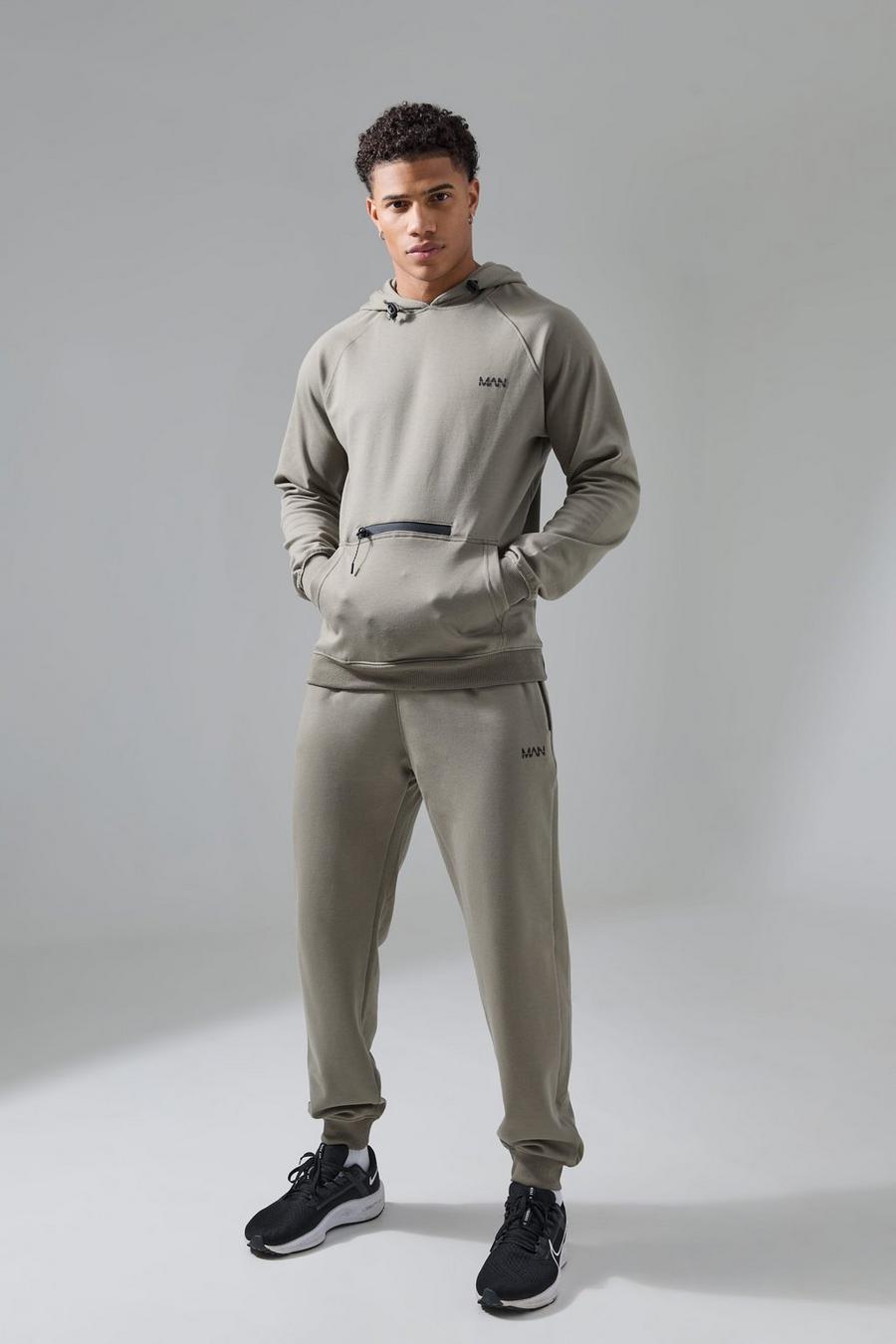 Khaki Man Active Fleece Hoodie And Jogger Tracksuit image number 1