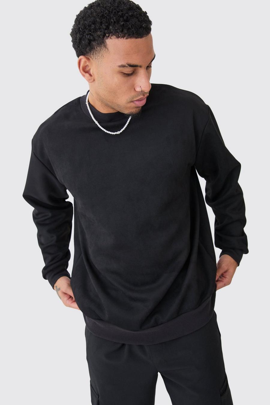 Black Oversized Extended Neck Faux Suede Sweatshirt image number 1
