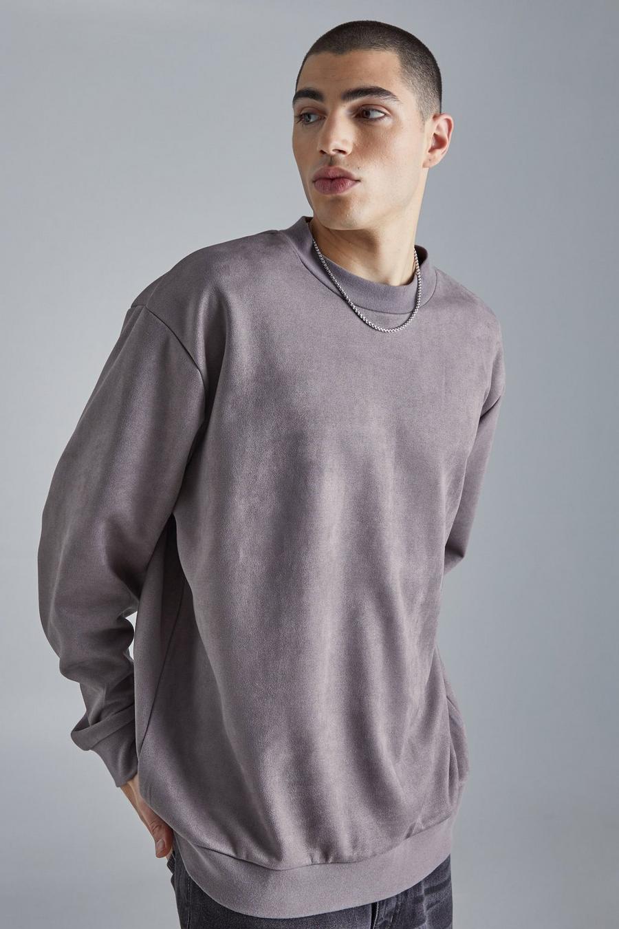 Taupe Oversized Extended Neck Faux Suede Sweatshirt image number 1