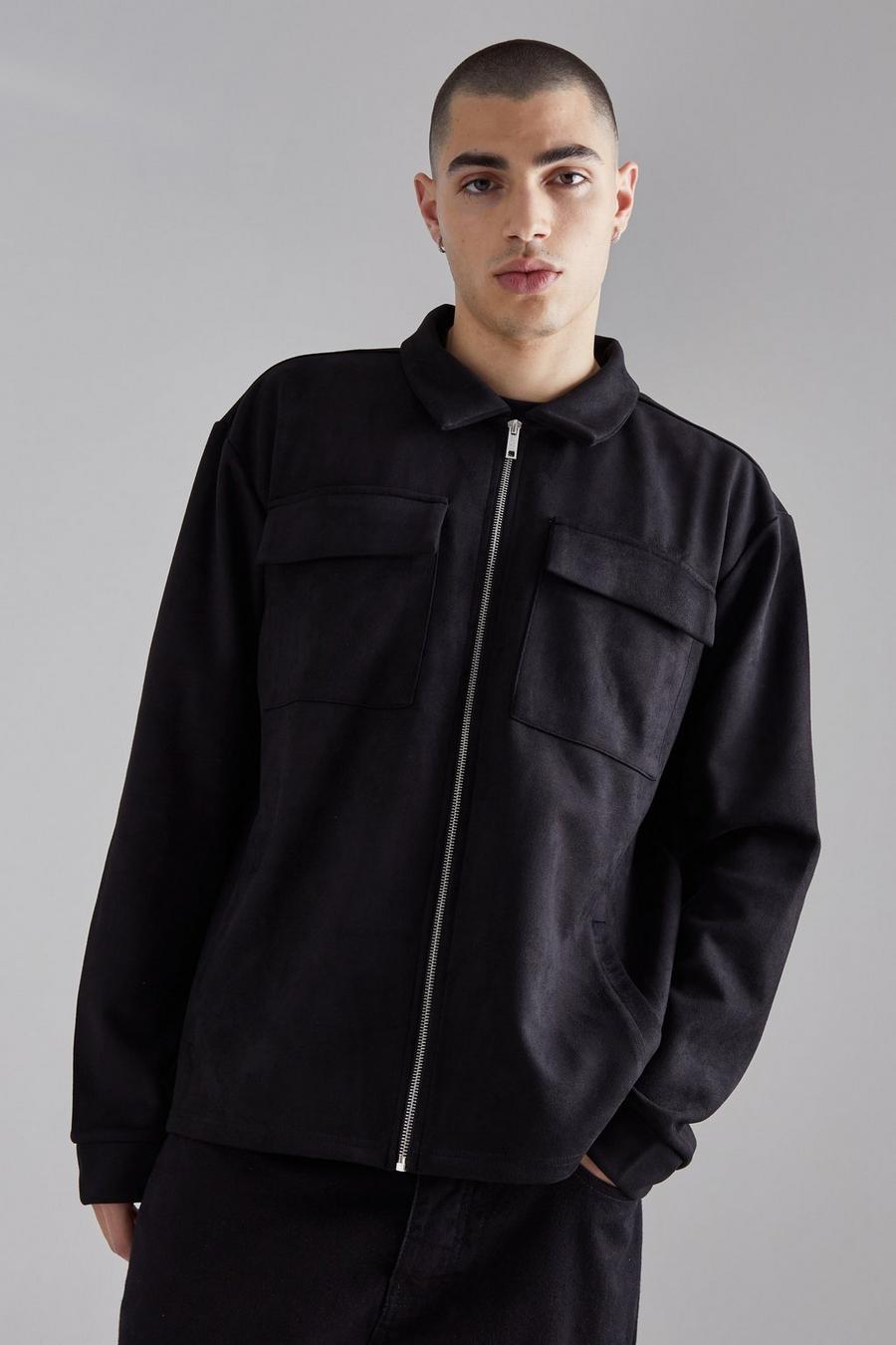 Black Faux Suede Zip Smart Shirt Jacket