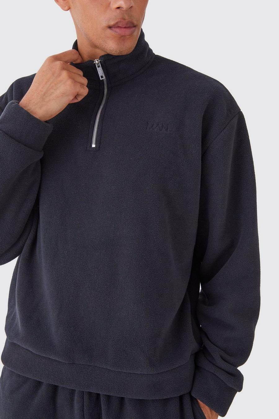 Kastiges Oversize Microfleece Man Sweatshirt mit 1/4 Reißverschluss, Black