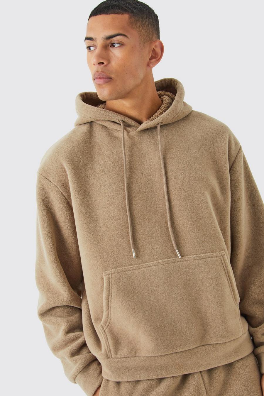 Taupe Oversized Boxy Bonded Microfleece Hoodie image number 1