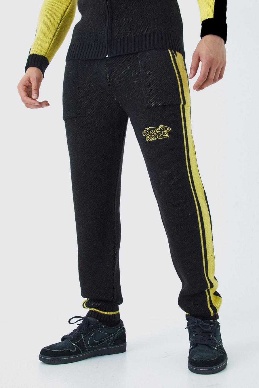 Pantalón deportivo holgado de punto con panel y botamanga, Black image number 1