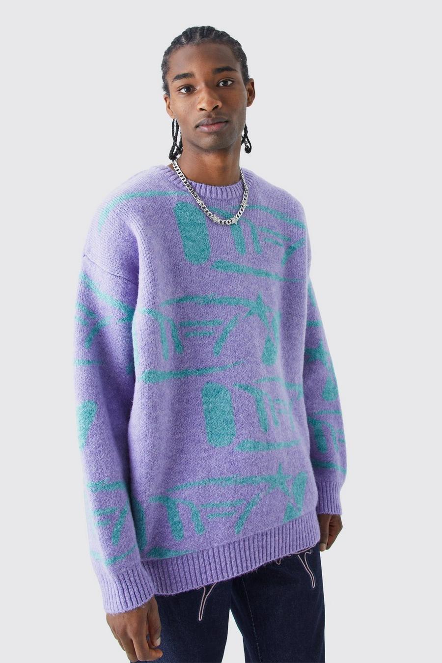 Purple Oversized Brushed All Over Print Knit Jumper