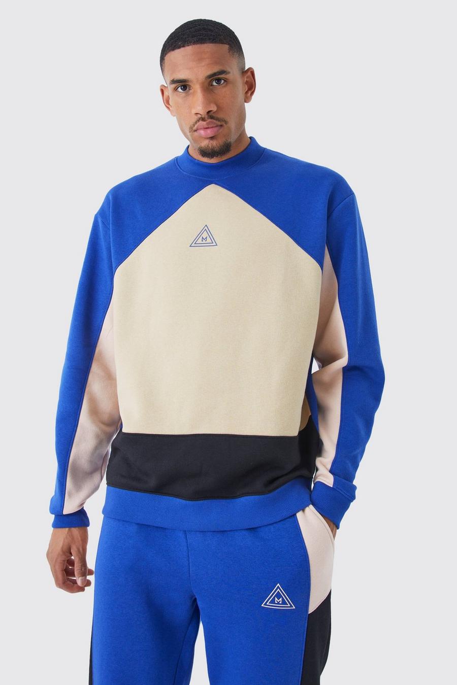Dark blue Tall Oversize träningsoverall med sweatshirt och blockfärger image number 1