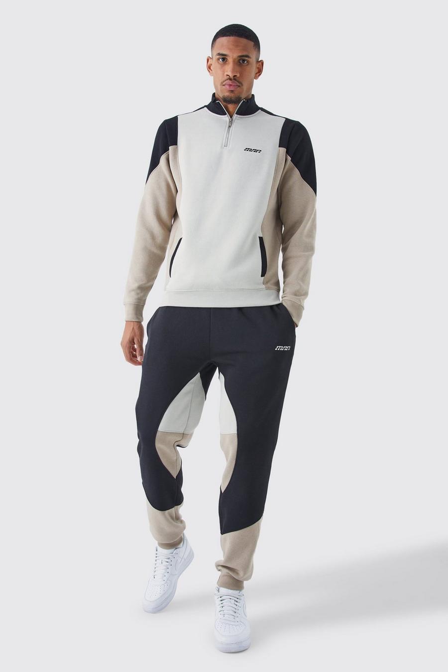 Taupe Tall Colour Block Funnel Neck Tracksuit image number 1