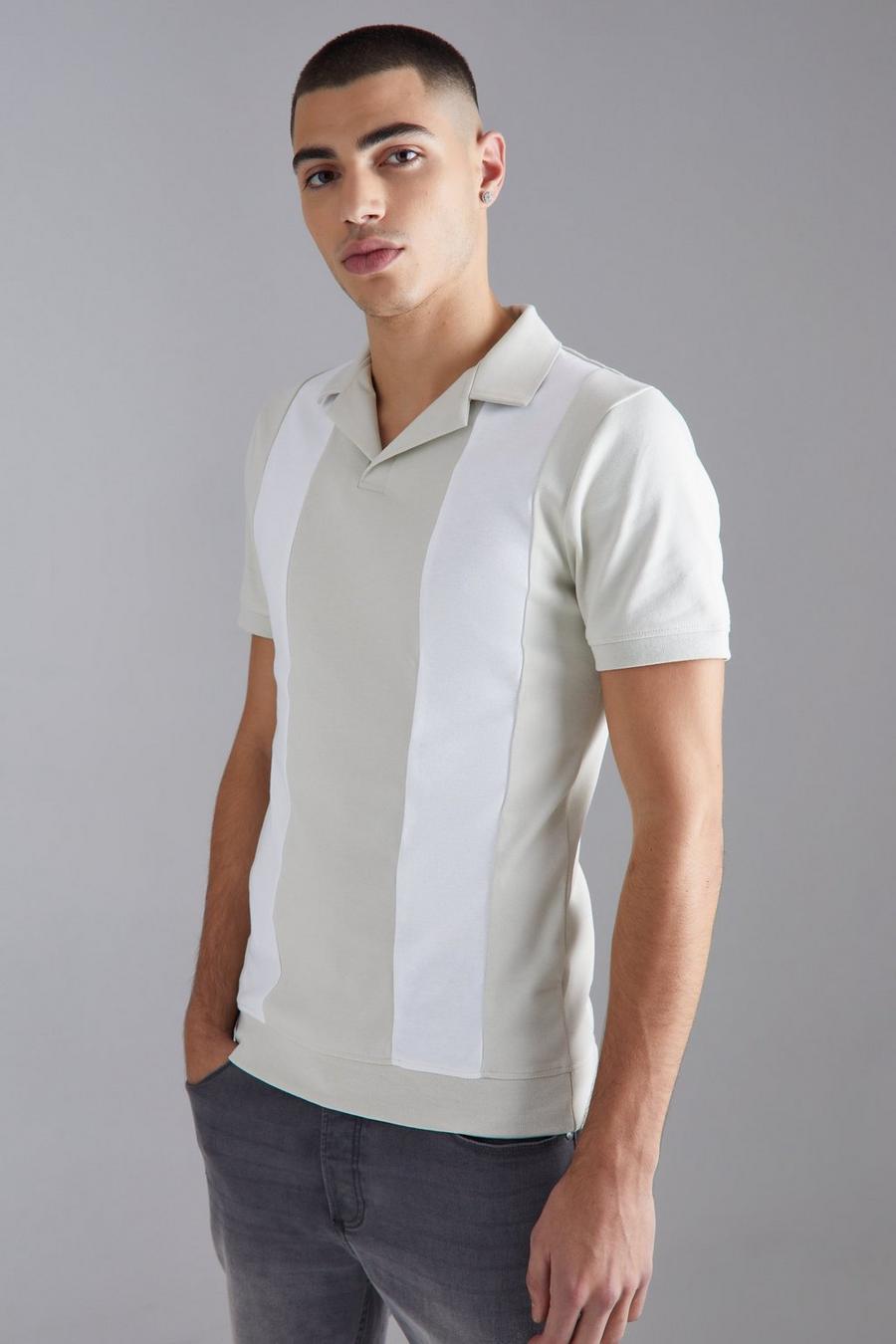 Grey Verweven Muscle Fit Color Block Polo image number 1