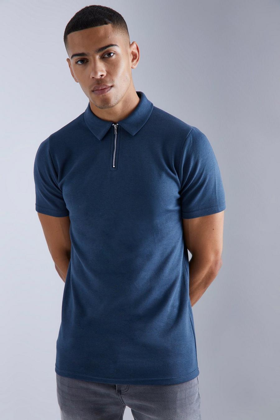Navy Verweven Slim Fit Polo image number 1