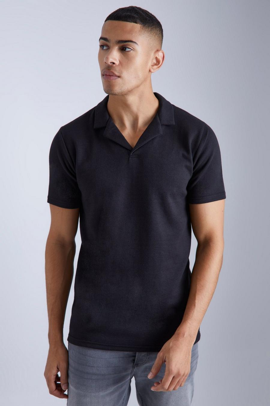 Polo Slim Fit in maglia intrecciata con rever, Black image number 1