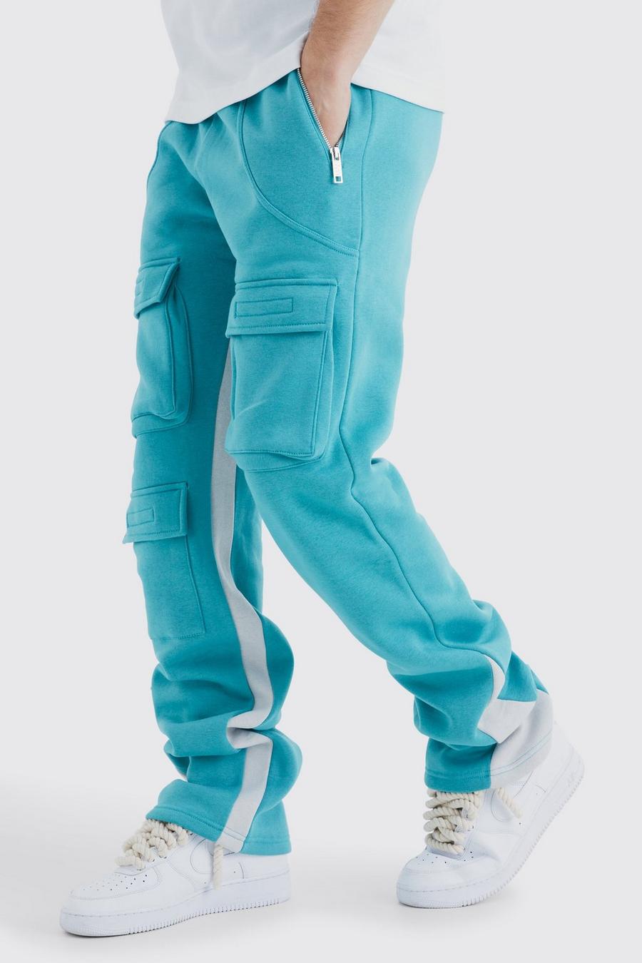 Teal Tall Stacked Flare Gusset Cargo Jogger