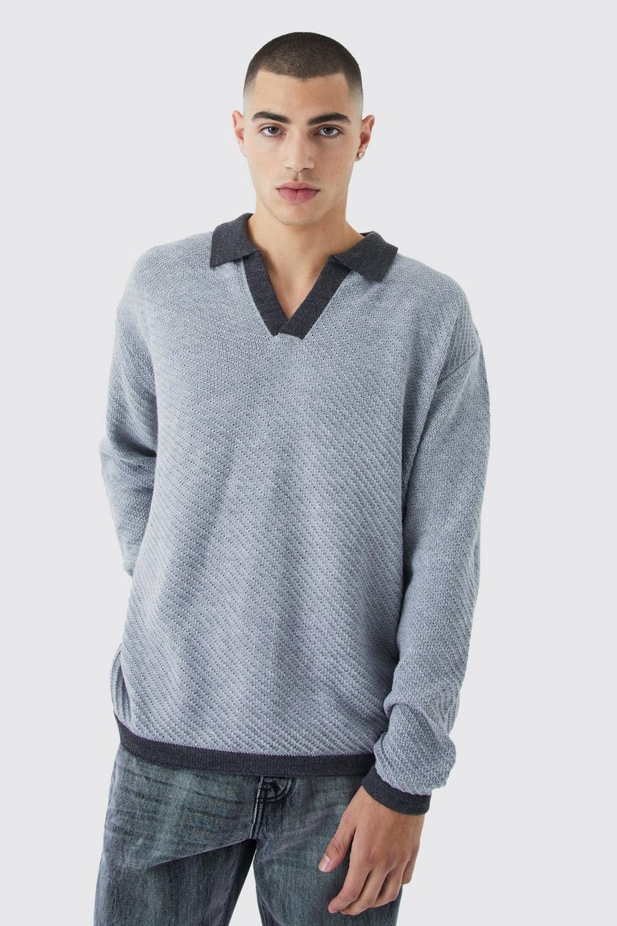 Grey Long Sleeved Oversized Contrast Collar Knitted Polo image number 1