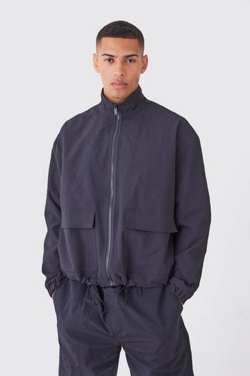 Black Crinkle Nylon Zip Through Harrington