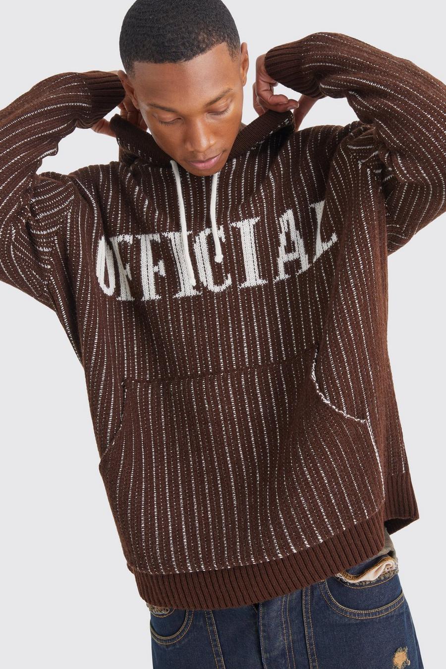 Brown Oversized Ribbed Knit Hoodie image number 1