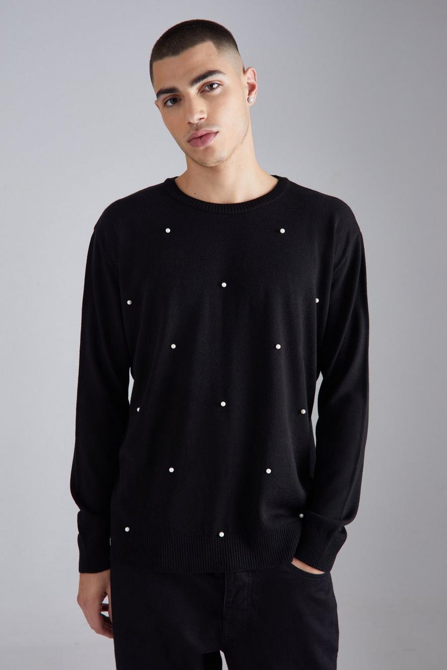 Black Relaxed All Over Pearl Embellished Knit Jumper