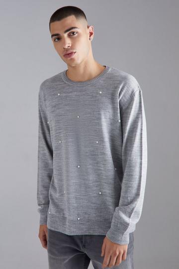 Relaxed All Over Pearl Embellished Knit Jumper light grey
